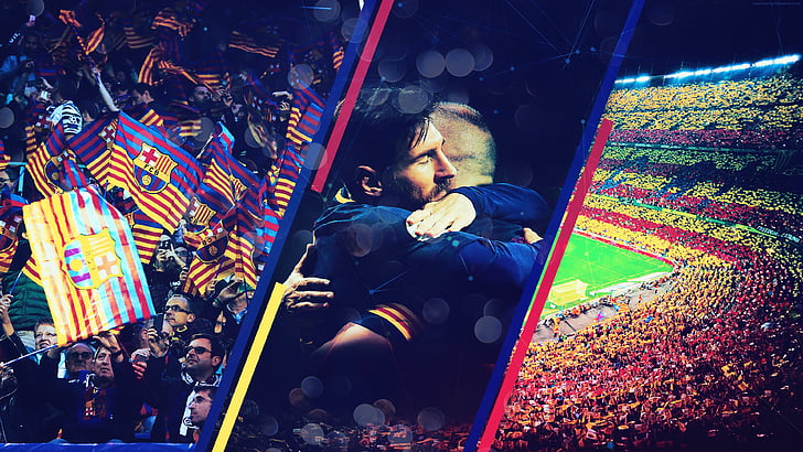 FC Barcelona, ​​Lionel Messi, Andrés Iniesta, Fãs torcendo, 4K, HD papel de parede