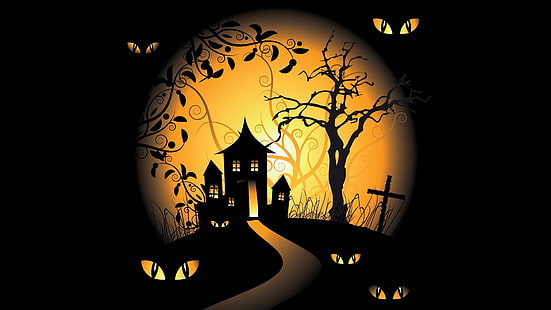 силуэт дома и крест цифровые обои, хэллоуин, векторной графики, черный фон, особняк с привидениями, кладбища, HD обои HD wallpaper