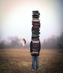 person standing carrying assorted books during daytime, For the love, love of books, Explored, person, standing, daytime, Nikon  D600, Bokeh, self portrait, photography, photographers, tumblr, book, literature, stack, education, HD wallpaper HD wallpaper