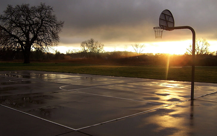 pallacanestro, sport, sport, campo da basket, tramonto, cerchio, bagnato, Sfondo HD
