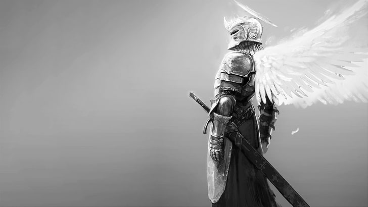 cavaliere corazzato con ali d'angelo e aureola sfondo, cavaliere, ali d'angelo, alone, spada, armatura, monocromatico, Sfondo HD