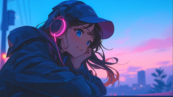 gadis anime, headphone, minimalis, sketsa, Musik Chillhop, musik, tersenyum, Pink (artis), anak topi, Wallpaper HD