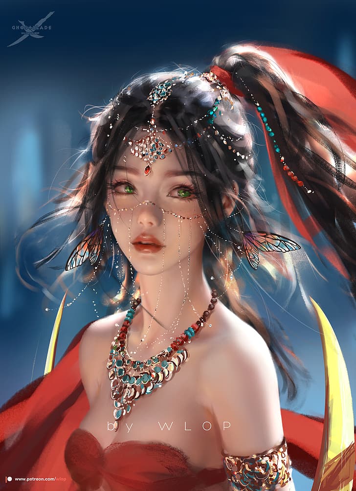 WLOP, digital art, digital painting, artwork, red clothing, ponytail, long hair, necklace, Ghostblade, butterfly, earring, HD wallpaper