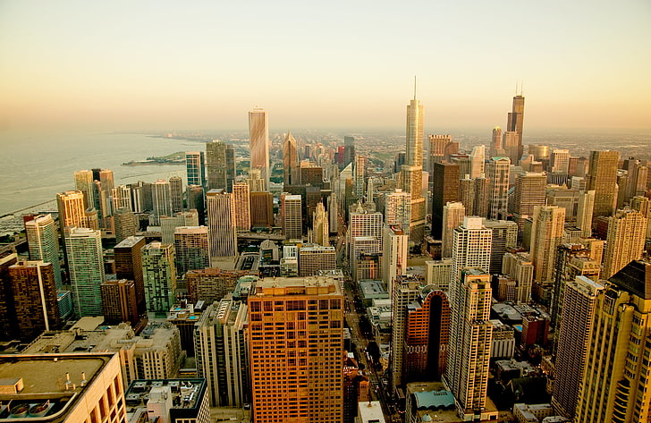 кафяви високи сгради, градът, небостъргачи, сутрин, Чикаго, САЩ, мегаполис, Илинойс, HD тапет