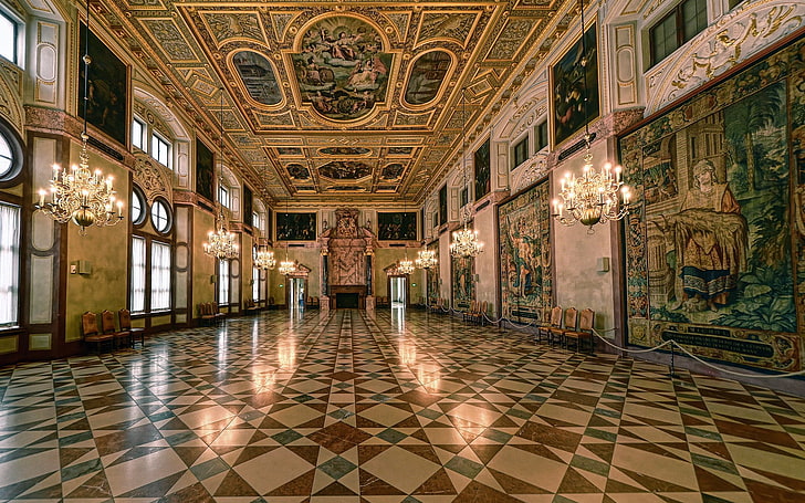 коридор и полилеи, архитектура, полилеи, стенописи, Мюнхен, дворец, бална зала, камина, барок, HD тапет