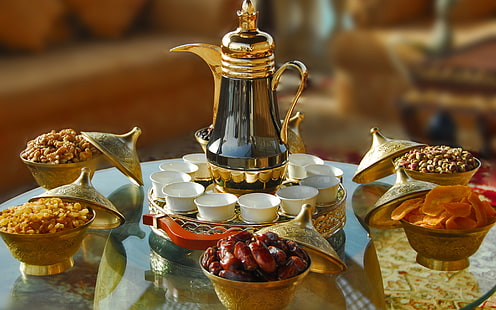 jarro de 6 peças em cor de bronze, copo, mesa, copos, Iftar, HD papel de parede HD wallpaper