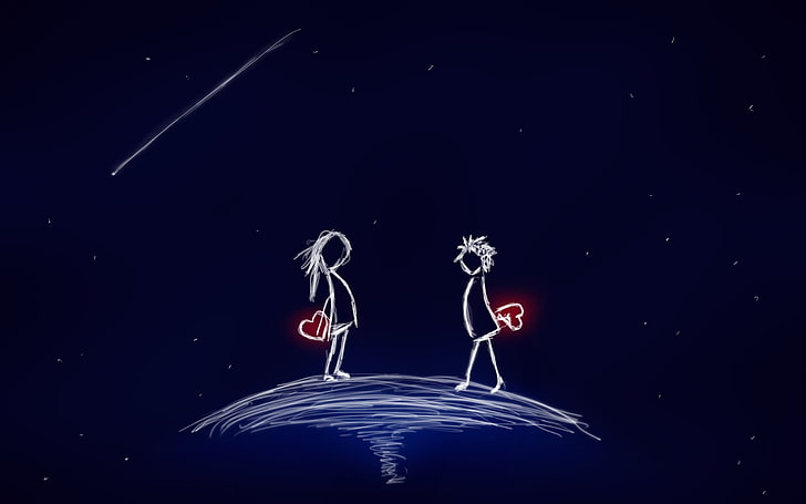 boy and girl holding hearts illustration, space, stars, love, mood, heart, pair, hearts, HD wallpaper