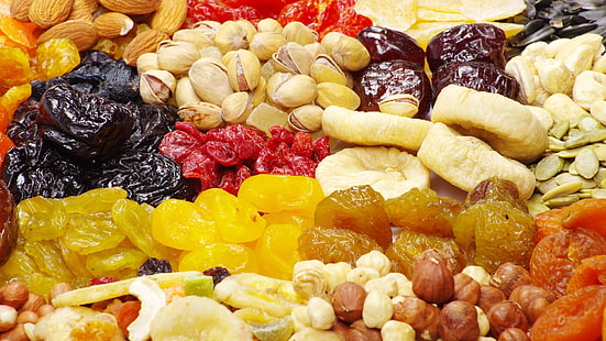 assorted dried fruits, food, nuts, seeds, almonds, hazelnuts, raisins, pistachios, figs, dried apricots, dried fruits, prunes, useful, HD wallpaper HD wallpaper