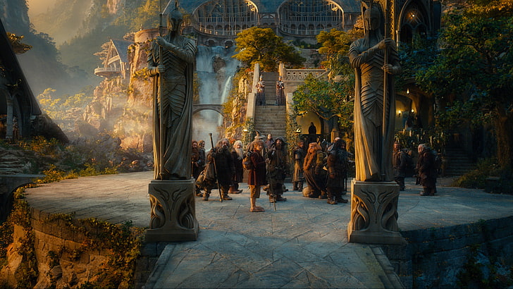 statue de béton noir, nains, scène, statues, Rivendell, Le Hobbit, Un voyage inattendu, Bilbo, Fond d'écran HD