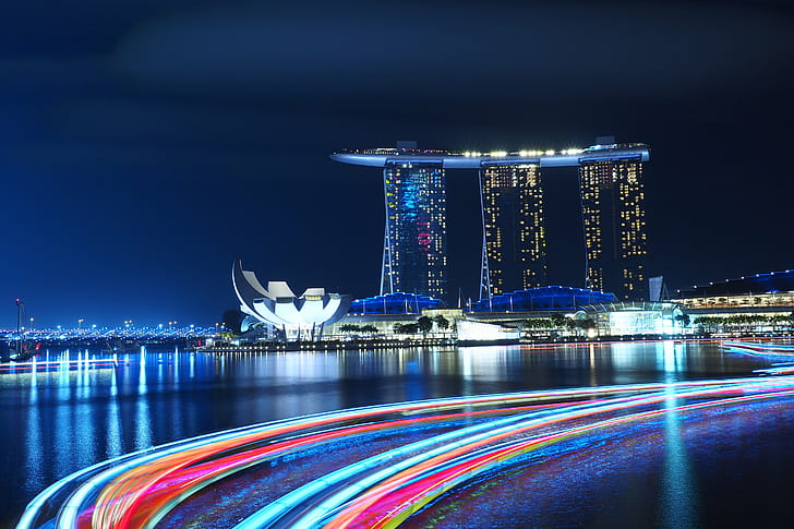 time-lapse photo of high-rise building, singapore, singapore, Singapore, time-lapse, photo, high-rise building, Esplanade Bridge, Light, Trails, OM, D E, M1, M.ZUIKO DIGITAL, ED, 40mm, F2.8, Long exposure, night, cityscape, architecture, famous Place, urban Skyline, marina Bay, asia, urban Scene, marina Bay Sands Hotel, skyscraper, tower, city, illuminated, downtown District, river, built Structure, dusk, travel, singapore City, modern, reflection, building Exterior, blue, waterfront, traffic, water, china - East Asia, bridge - Man Made Structure, HD wallpaper