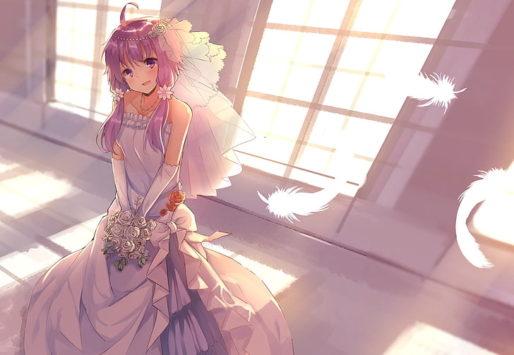 yuzuki yukari, wedding dress, bride, purple hair, vocaloid, smiling, feathers, Anime, HD wallpaper