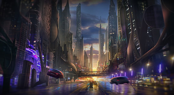città futuristica sfondo digitale, strada, tramonto, macchina, città, futuro, finzione, grattacieli, sera, arte, megapolis, Sfondo HD HD wallpaper