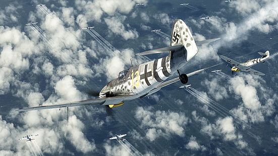 Messerschmitt Bf.109, einmotoriger Kolben kämpferarm, der Angriff auf die Bomber, zerschmettert sie, zerbricht sie, HD-Hintergrundbild HD wallpaper