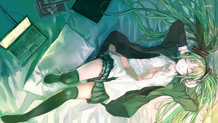 school girl, green, chilling, anime, computer, music, bed, uniform, HD wallpaper