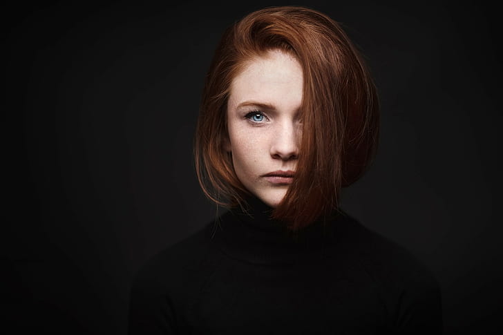 wanita, wajah, potret, berambut merah, mata biru, latar belakang sederhana, Wallpaper HD