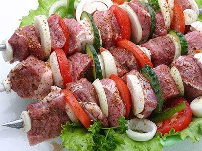 сырое мясо, мясо, овощи, шашлык, HD обои HD wallpaper
