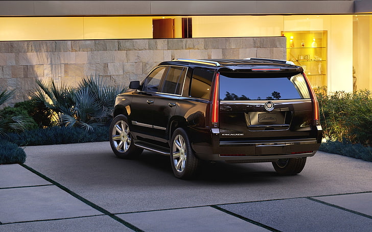 latar belakang, hitam, jip, SUV, tampilan belakang, Cadillac Escalade, Wallpaper HD