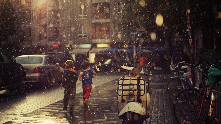 scooter bianco, pioggia, bambini, Sfondo HD