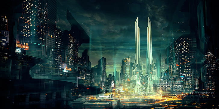 Futuristisch, Stadt, Architektur, Nacht, Lichter, futuristisch, Stadt, Architektur, Nacht, Lichter, HD-Hintergrundbild