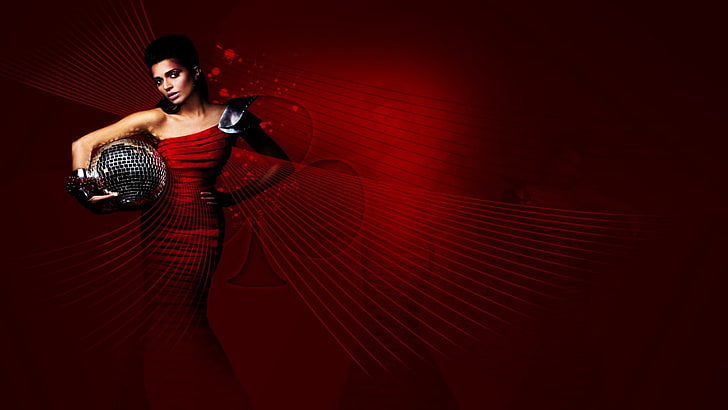 vestito aderente rosso da donna, nadia ali, ragazza, palla, vestito, grafica, Sfondo HD