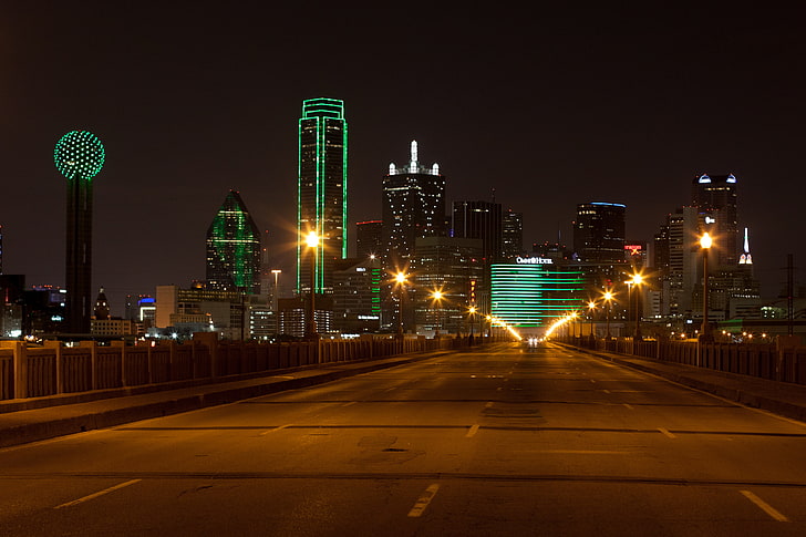 Dallas, luces, noche, camino, rascacielos, texas, Fondo de pantalla HD