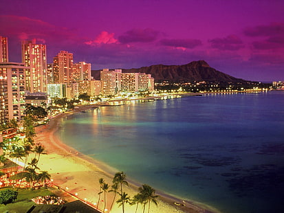 ويكيكي، إلى، الغسق، هاواي، المسطحات المائية، على مقربة من، بنايات البرج، أثناء الليل، هاواي، ويكيكي، الغسق، خلفية HD HD wallpaper