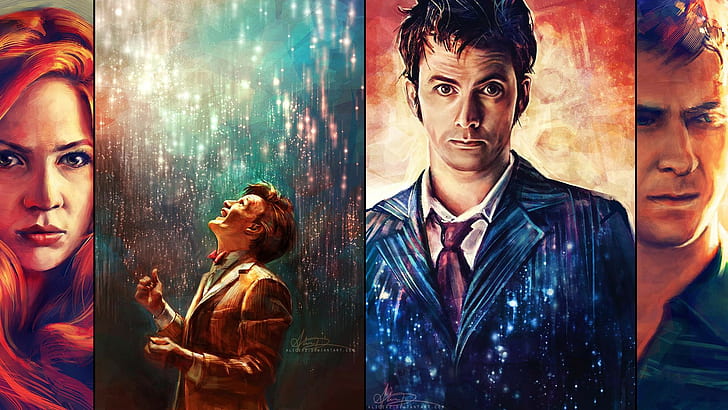Doctor Who, alicexz, Matt Smith, Amy Pond, artwork, David Tennant, Tenth Doctor, Eleventh Doctor, Arthur Darvill, Rory Williams, painting, collage, Karen Gillan, The Doctor, HD wallpaper