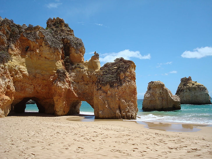 Algarve, playa, costa, mediterráneo, naturaleza, Portugal, formación rocosa, rocas, mar, piedras, Fondo de pantalla HD