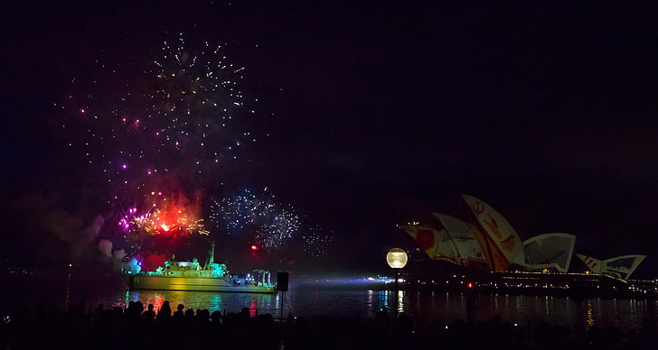 Sydney Opera Binası, gece, savaş gemisi, Sydney, Avustralya, havai fişek, HD masaüstü duvar kağıdı