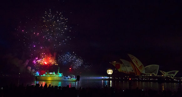 Sydney Opera House, natt, krigsfartyg, Sydney, Australien, fyrverkerier, HD tapet HD wallpaper