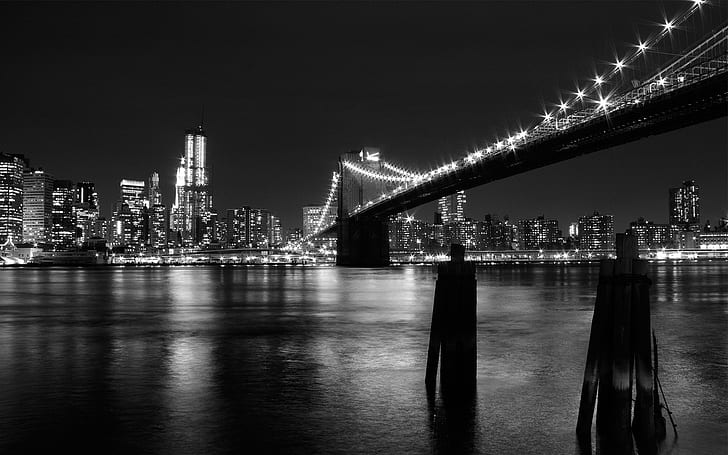 bro, svartvit, New York City, natt, Brooklyn Bridge, HD tapet