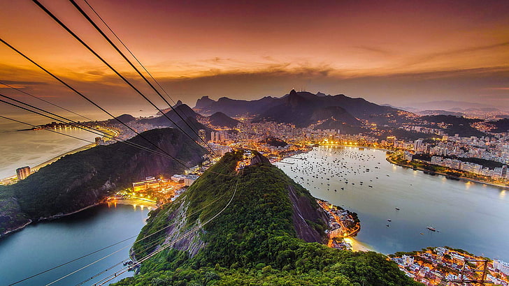 sea, landscape, view, mountain, glow, Brazil, Rio de Janeiro, cable car, Sugar loaf, HD wallpaper