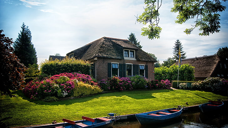 boats, giethoorn, houses, mansion, netherlands, village, HD wallpaper