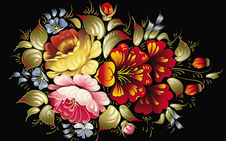 الزهور الآسيوية ، التوضيح الأزهار البيج والأحمر ، ملون ، أصفر ، أسود ، أخضر ، وردي ، زهور ، مجردة ، تصميم رسومي ، بريت، خلفية HD