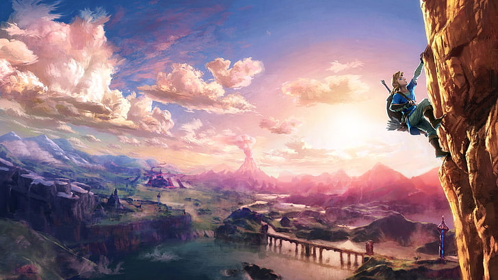 man climbing mountain ainting, The Legend of Zelda: Breath of the Wild, landscape, HD wallpaper