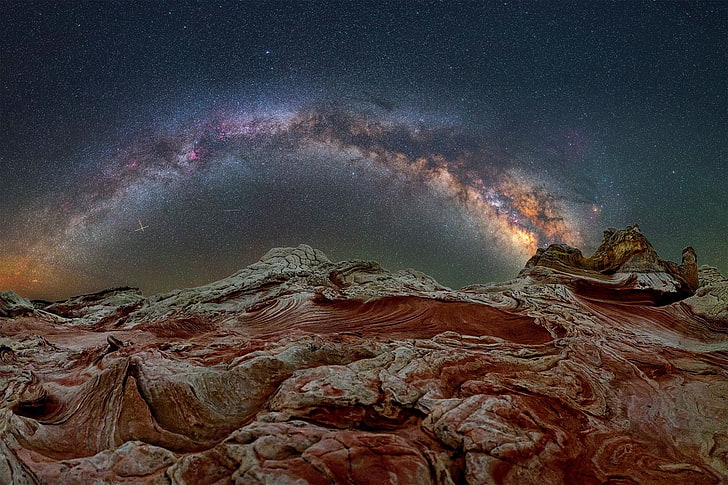 white, red, and green abstract painting, nature, landscape, Milky Way, night, stars, clear sky, rock, cliff, Arizona, USA, long exposure, space, HD wallpaper