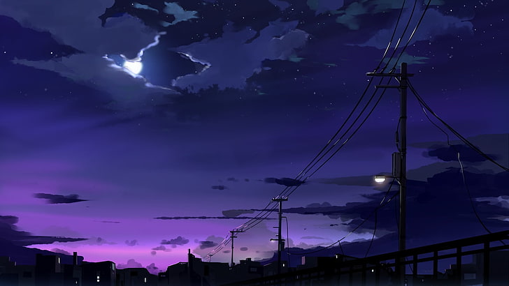 нощно време с илюстрация на луна и електрически пост, нощ, цифрово изкуство, HD тапет