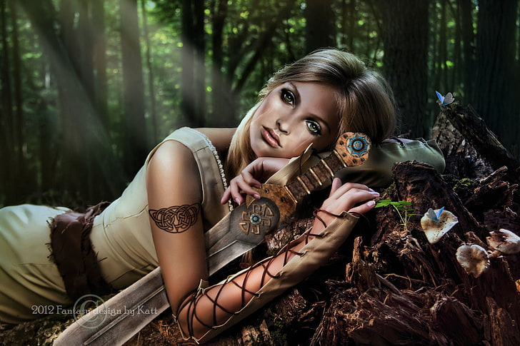 brown hair woman illustration, forest, look, girl, trees, weapons, fiction, hair, sword, hands, green eyes, HD wallpaper