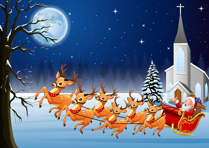 the moon, Christmas, New year, team, sleigh, deer, Santa Claus, HD wallpaper