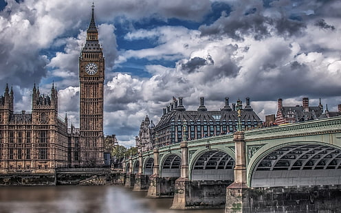 Лондон, Великобритания, город, мост, река Темза, Биг Бен, облака, HDR, HD обои HD wallpaper