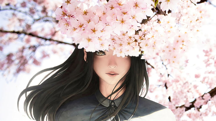 anime, meninas anime, flor de cerejeira, HD papel de parede