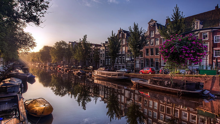 運河、反射、水路、アムステルダム、オランダ、ヨーロッパ、 HDデスクトップの壁紙