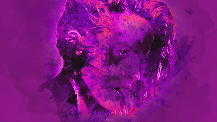 acquerello, Emma Watson, rosa, viola, ritratto, sfondo viola, Sfondo HD
