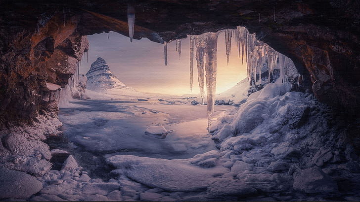 Jaskinie, jaskinia, lód, śnieg, Tapety HD