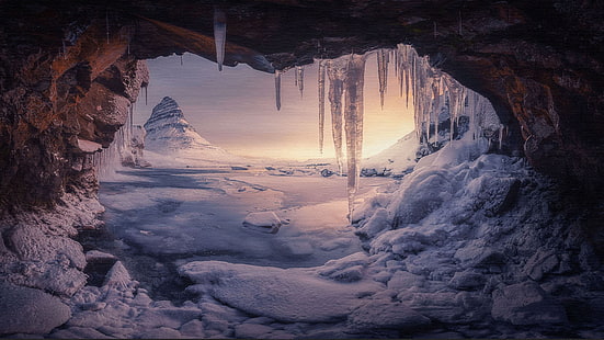 洞窟、洞窟、氷、雪、 HDデスクトップの壁紙 HD wallpaper