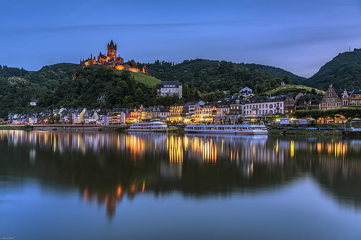 lumières, rivière, château, maison, Allemagne, Cochem, Fond d'écran HD