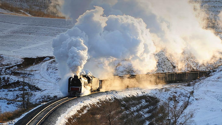 tren de motor de vapor negro, transporte, tren, locomotora de vapor, tren de carga, vehículo, nieve, invierno, Fondo de pantalla HD