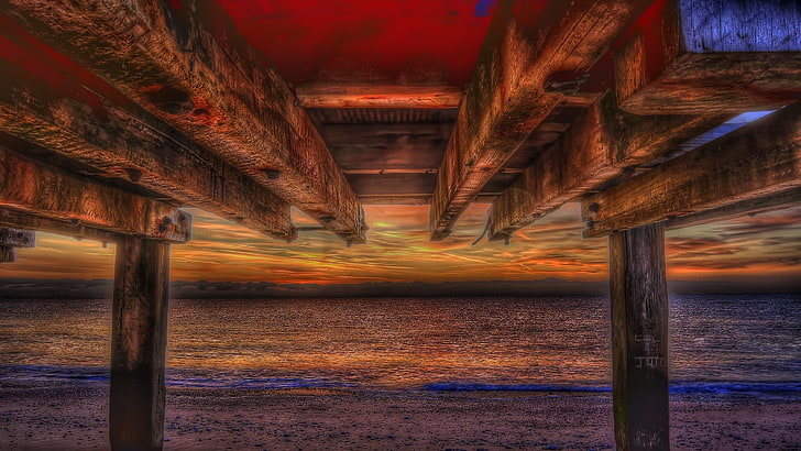 braunes hölzernes Dock, Strand, Wasser, Dock, HD-Hintergrundbild