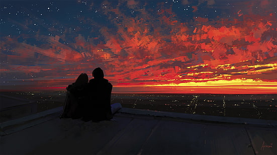 silhouette of man and woman, fantasy art, couple, Sun, sunset, clouds, digital art, painting, drawing, city, landscape, stars, love, Aenami, HD wallpaper HD wallpaper