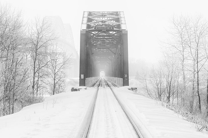 textil floral blanco y negro, invierno, monocromo, puente, árboles, nieve, paisaje, ferrocarril, niebla, brillante, blanco, Fondo de pantalla HD